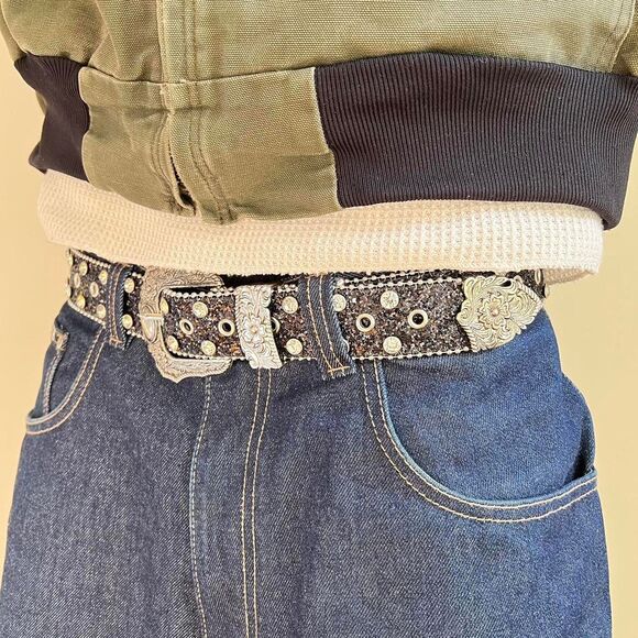 black rhinestone studded american western cowboy boho belt - Picture 2 of 7